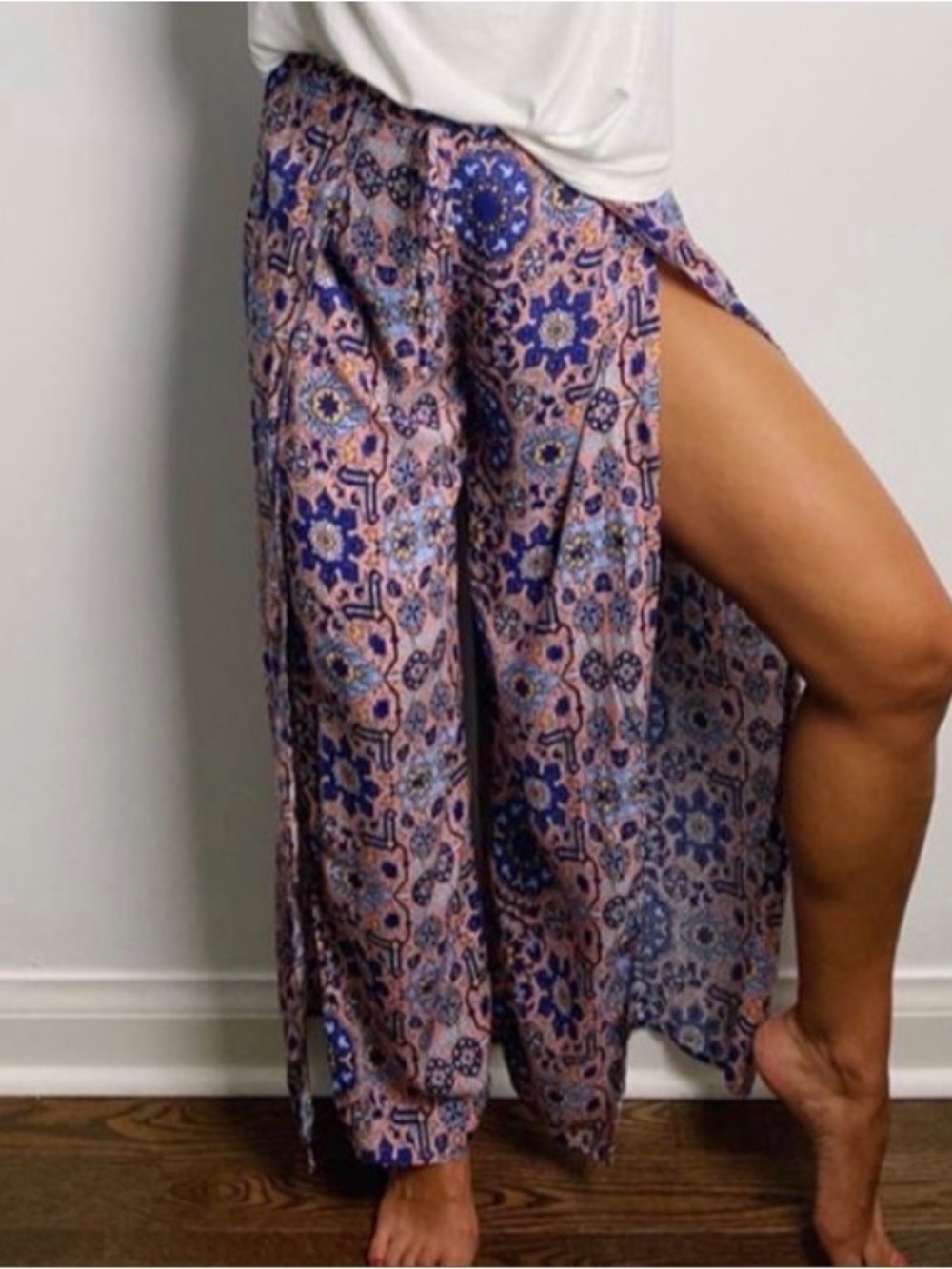 Boho Split-Leg Palazzo Pants in Pink and Blue